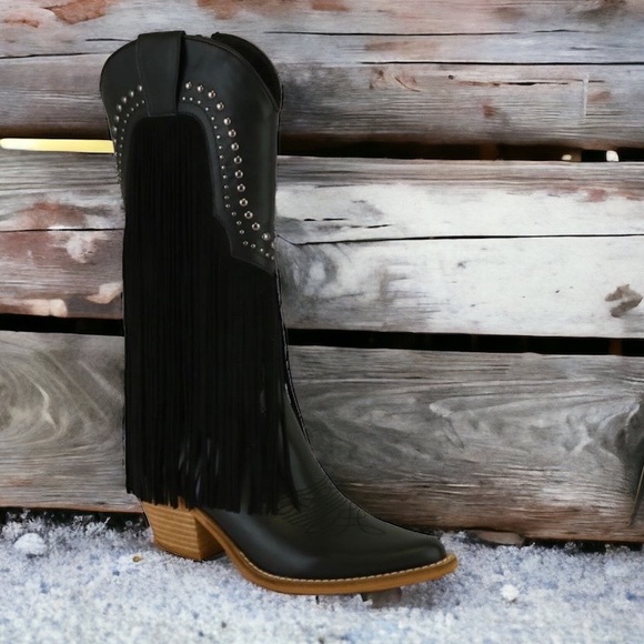 Beast Fashion Black Fringe Antique Stud Embellishment Tall Western Cowboy Boot - Picture 2 of 7